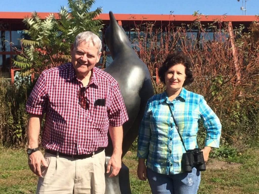 Gary and Kari with the Passenger Pigeon Lost Bird Sculpture