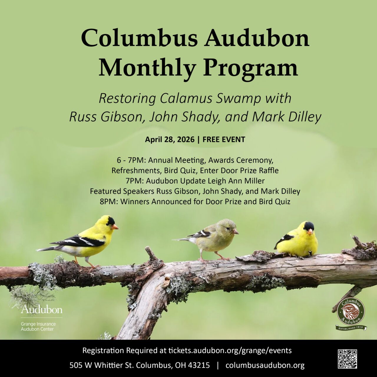 A graphic of a monthly program with text and birds on a branch