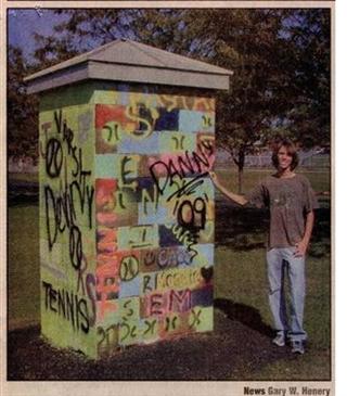 Anthony George shown with the "Spirit Tower" he conceived in Mrs. Angie Stooksbury's Developing Student Leaders class at Big Walnut HS.