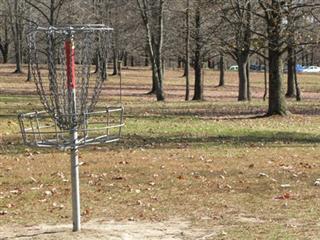 Paired bluebird boxes stand in a great habitat for bluebirds and Tree Swallows beyond a “target basket” used in disc golf in Delaware State Park.