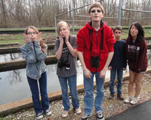 Lexis, Sarah, Jacob, Aaron and Clare try to think like a fish at the Castalia Fish Hatchery