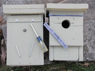 A sliding panel, tightened with screws, is used to close the back ventilation slot, whereas felt weather stripping plugs the front slot to make it cozier for roosting bluebirds during winter months.